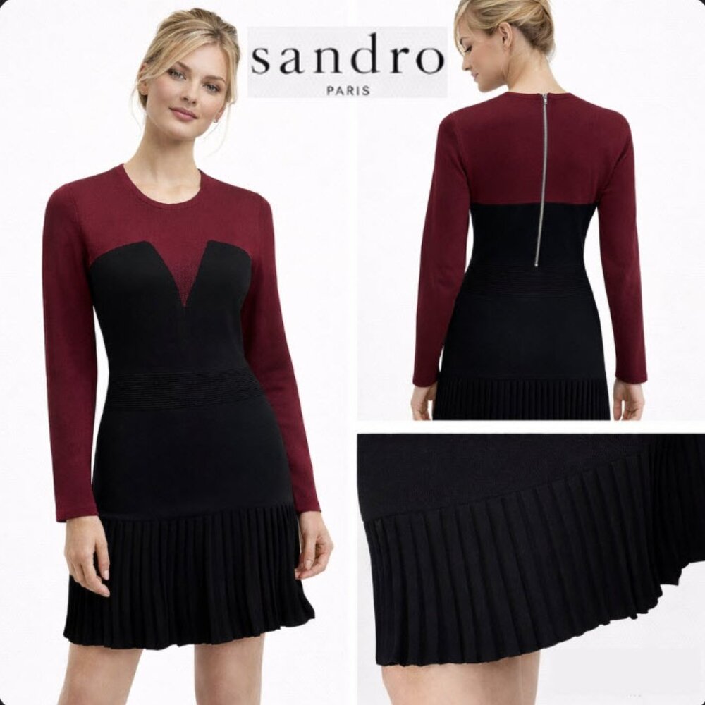 Sandro Two-Tone Knit Mini Dress Burgundy Black Pleated Skirt Medium 3